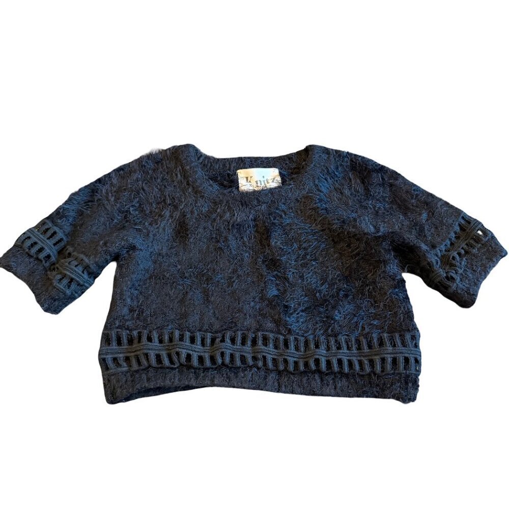 Knitz For Love And Lemons Black Crop Top Fuzzy Teddy Blouse Shirt Size Small